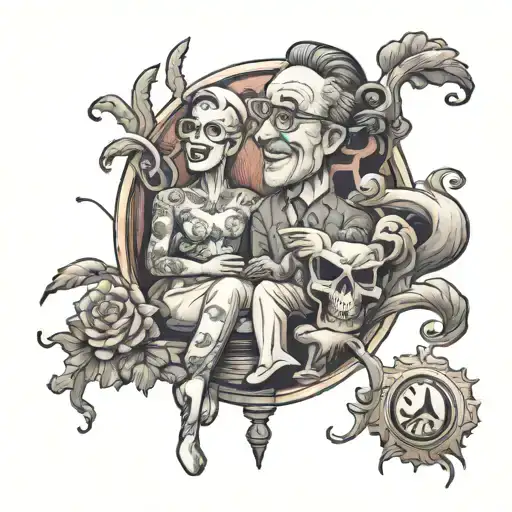 A tattoo design of a whimsical comedy scene with a neurodiversity symbol subtly integrated, reflecting the client's interest in comedy and neurodiversity tattoo design idea