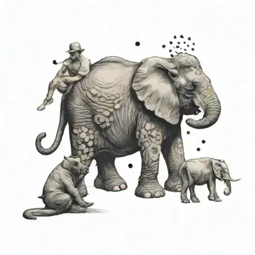 An elephant writing a comedy script with a dog and a horse looking on tattoo design idea