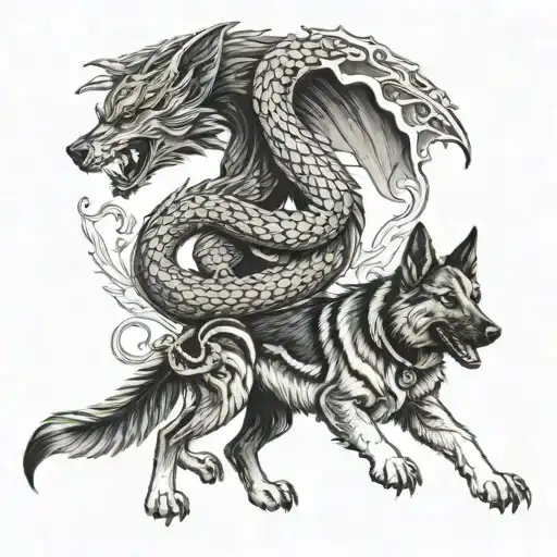 A majestic dragon intertwined with a German Shepherd, symbolizing strength and loyalty tattoo design idea