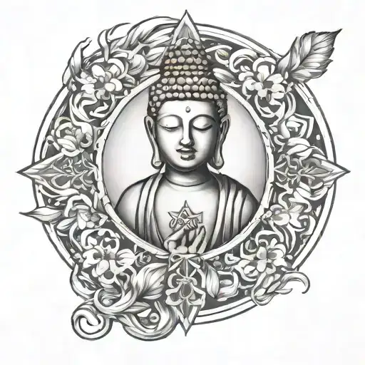 A tattoo featuring Buddhist symbols intertwined with Saint Frances of Assisi imagery tattoo design idea
