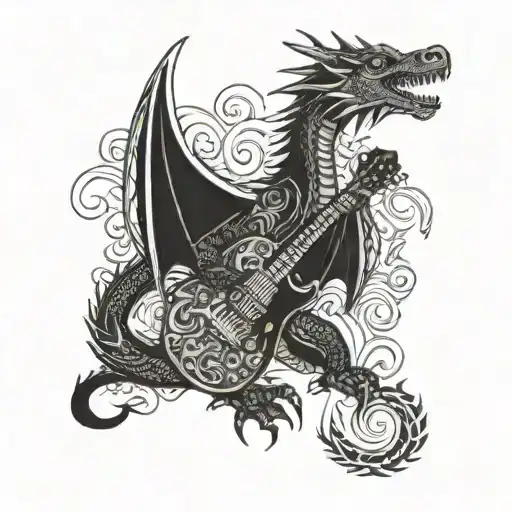 A dragon playing a guitar with African tribal patterns in the background tattoo design idea