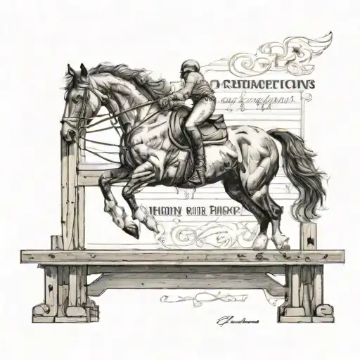 A composition of a dressage horse jumping over a woodworking bench with poetry inscriptions tattoo design idea