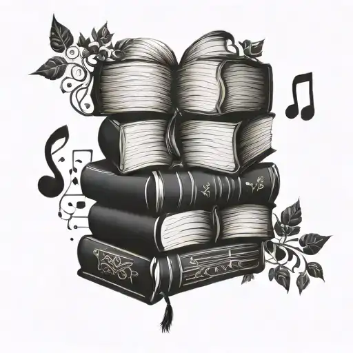 A tattoo of a stack of books with musical notes and symbols woven into the pages tattoo design idea