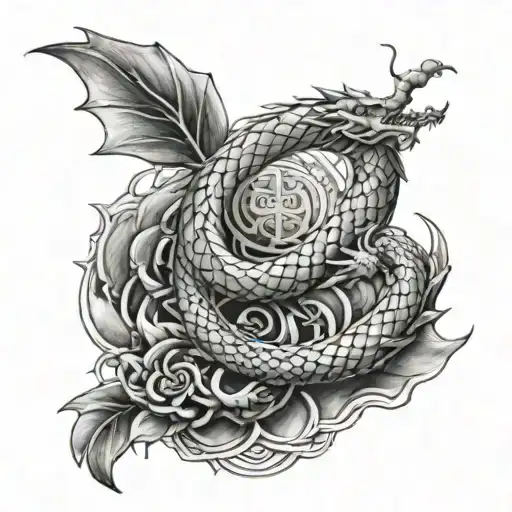 A tattoo design merging dragon scales with Buddhist symbols for a spiritual and mystical piece tattoo design idea
