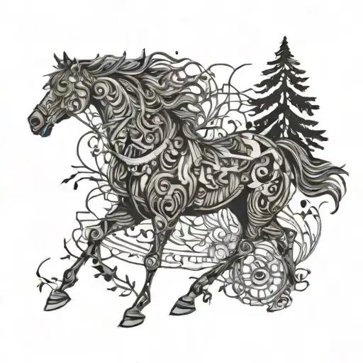 A majestic horse galloping through a forest, with intricate woodworking tools scattered around it tattoo design idea