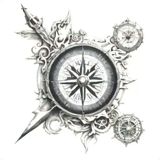A traveler's compass surrounded by architectural elements from around the world in black-grey style tattoo design idea