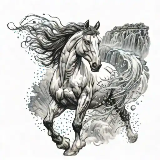 A tattoo design of a horse galloping through a field of waterfalls, with a screaming motif in the background tattoo design idea