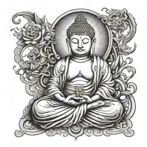 A tattoo design featuring a steampunk-inspired Buddha with intricate dragon motifs, representing the client's fascination with steampunk and Eastern symbolism tattoo design idea