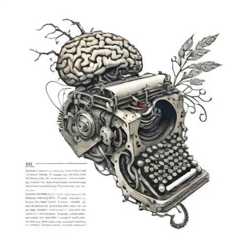 A typewriter with a brain inside, symbolizing the creativity of writing and neurodivergence tattoo design idea