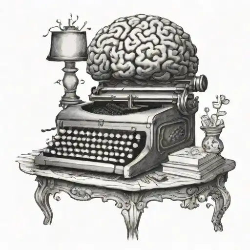 A typewriter with a brain inside, symbolizing the creativity of writing and neurodivergence tattoo design idea