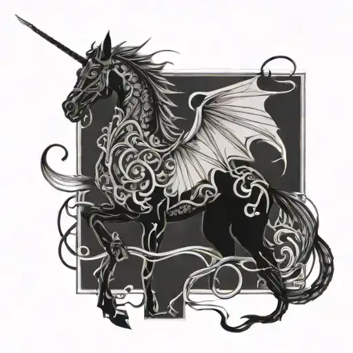 A majestic dragon intertwined with a dressage horse in a beautiful blackwork design tattoo design idea