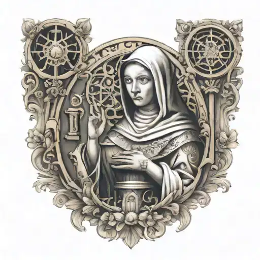 A tattoo design featuring Saint Frances of Assisi surrounded by intricate woodworking tools and patterns tattoo design idea