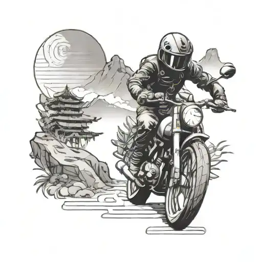 A motorcycle rider exploring exotic landscapes with Buddhist symbols incorporated in black-grey shading tattoo design idea