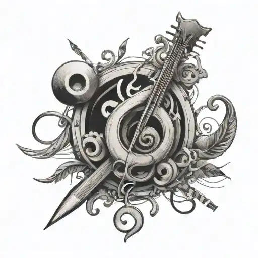A neurodiversity symbol intertwined with musical notes and woodworking tools tattoo design idea