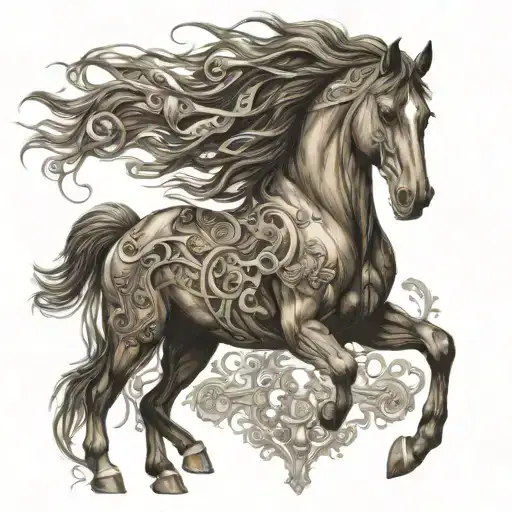 A horse with intricate woodworking tools as its mane tattoo design idea