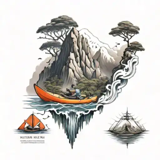 An intricate design of Mt. Kilimanjaro surrounded by white water kayaks and Buddhist symbols tattoo design idea
