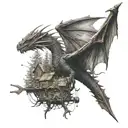 A dragon flying over a forest of woodworking tools tattoo design idea