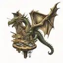 A dragon flying over a forest of woodworking tools tattoo design idea