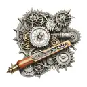 A intricate steampunk-inspired woodworking tool surrounded by poetry verses in dotwork style tattoo design idea