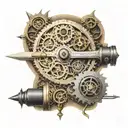A intricate steampunk-inspired woodworking tool surrounded by poetry verses in dotwork style tattoo design idea