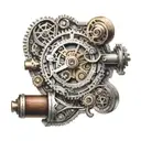A intricate steampunk-inspired woodworking tool surrounded by poetry verses in dotwork style tattoo design idea