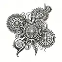 A fusion of African tribal patterns and emergency medicine symbols with a background of music notes tattoo design idea