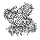 A fusion of African tribal patterns and emergency medicine symbols with a background of music notes tattoo design idea