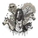 A group of dogs and horses jamming out to music under a tree filled with comedy masks tattoo design idea
