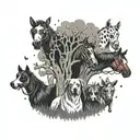 A group of dogs and horses jamming out to music under a tree filled with comedy masks tattoo design idea