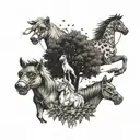 A group of dogs and horses jamming out to music under a tree filled with comedy masks tattoo design idea