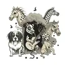 A group of dogs and horses jamming out to music under a tree filled with comedy masks tattoo design idea