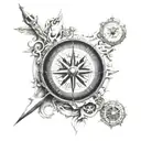 A traveler's compass surrounded by architectural elements from around the world in black-grey style tattoo design idea