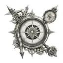 A traveler's compass surrounded by architectural elements from around the world in black-grey style tattoo design idea