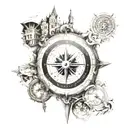 A traveler's compass surrounded by architectural elements from around the world in black-grey style tattoo design idea