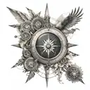 A traveler's compass surrounded by architectural elements from around the world in black-grey style tattoo design idea