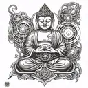 A tattoo design featuring a steampunk-inspired Buddha with intricate dragon motifs, representing the client's fascination with steampunk and Eastern symbolism tattoo design idea