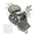 A typewriter with a brain inside, symbolizing the creativity of writing and neurodivergence tattoo design idea