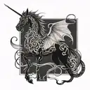 A majestic dragon intertwined with a dressage horse in a beautiful blackwork design tattoo design idea