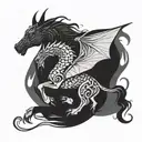 A majestic dragon intertwined with a dressage horse in a beautiful blackwork design tattoo design idea