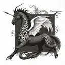 A majestic dragon intertwined with a dressage horse in a beautiful blackwork design tattoo design idea