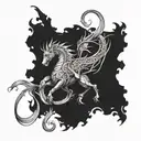 A majestic dragon intertwined with a dressage horse in a beautiful blackwork design tattoo design idea