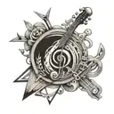 A neurodiversity symbol intertwined with musical notes and woodworking tools tattoo design idea