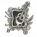 A neurodiversity symbol intertwined with musical notes and woodworking tools tattoo design idea