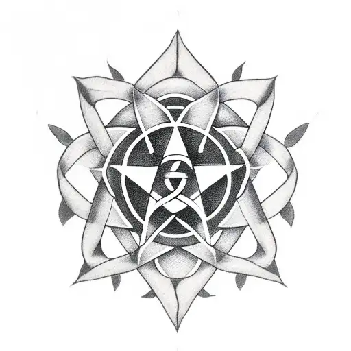 a simple, small five-pointed pentagram with three lilies around it tattoo design idea