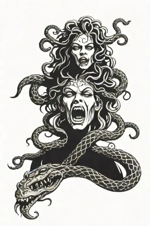 A modern interpretation of Medusa Gorgon's face in a rage, with snakes hissing and eyes glowing tattoo design idea
