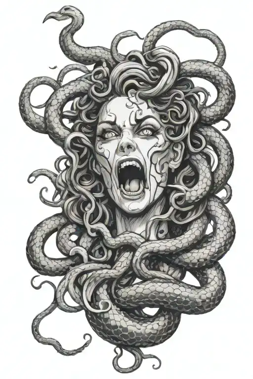 A Medusa Gorgon's face contorted in fury, with evil snakes hissing and striking around her tattoo design idea