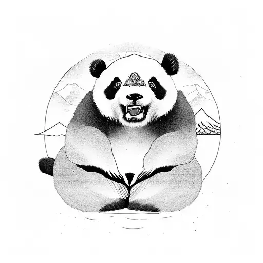 A majestic panda meditating in front of Mount Fuji tattoo design idea