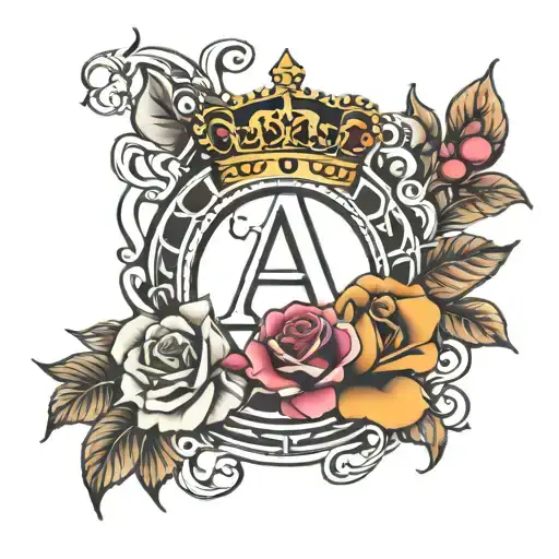 letter A, Crown, Rose and Sun tattoo design idea
