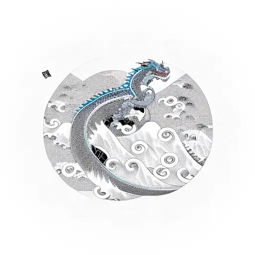 japanese waves with a dragon circling them tattoo design idea