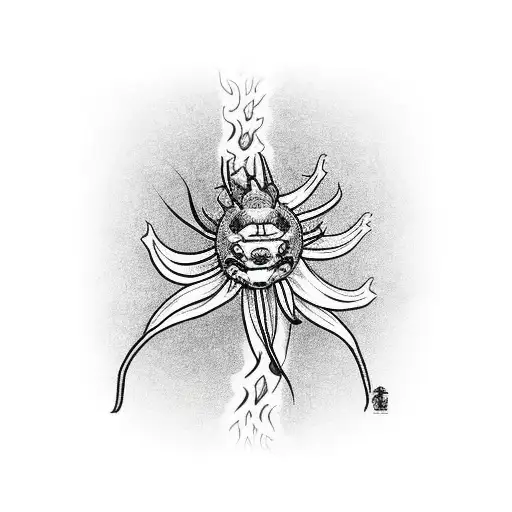japanese red spider lilly flower with a sun dragon around a forearm black and white tattoo design idea